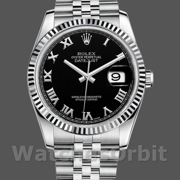 Mens Rolex Datejust 36mm Mens-116234-Stainless Steel-Fluted Bezel-Black Roman Dial Black Replica Image
