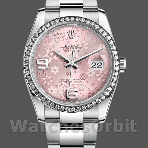 Womens Rolex Datejust 36mm Womens-116244-Stainless Steel-Pink Floral Dial Pink Replica Image