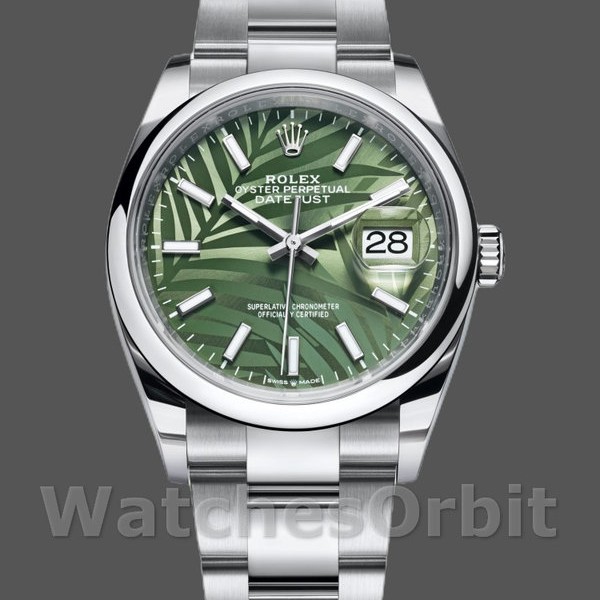 Unisexs Rolex Datejust 36mm Unisex-126200-Olive Green Palm Motif Dial-Stainless Steel Green<br /> Replica Image