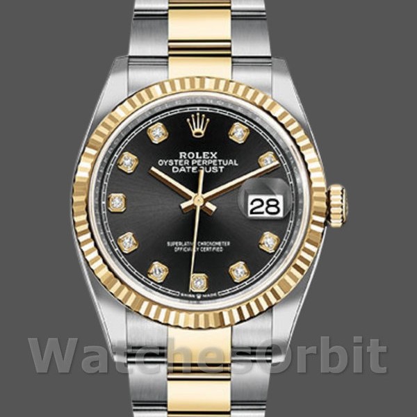 Unisexs Rolex Datejust 36mm Unisex-126233-Black Diamond Dial-Fluted Bezel Black Replica Image