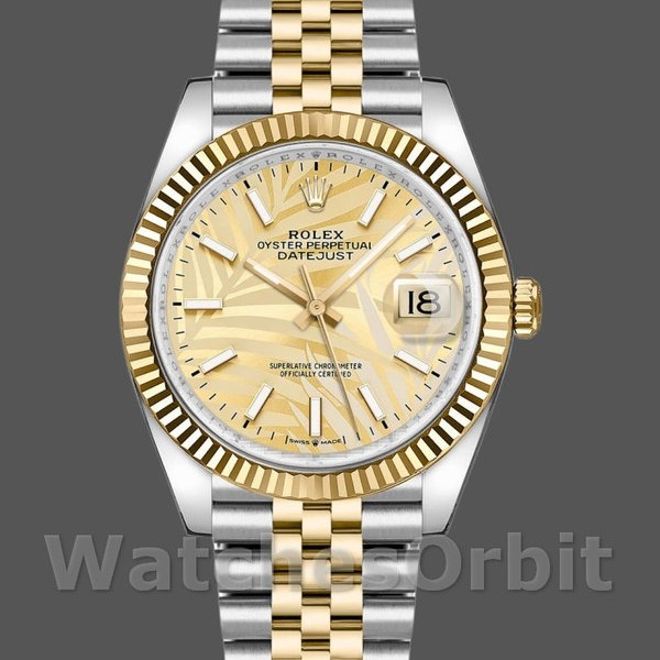 Unisexs Rolex Datejust 36mm Unisex-126233-Golden Palm Motif Dial-Fluted Bezel Golden Replica Image