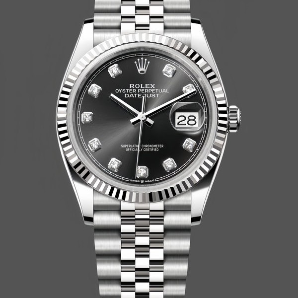 Unisexs Rolex Datejust 36mm Unisex-126234-Fluted Bezel-Black Diamond Dial Black Replica Image