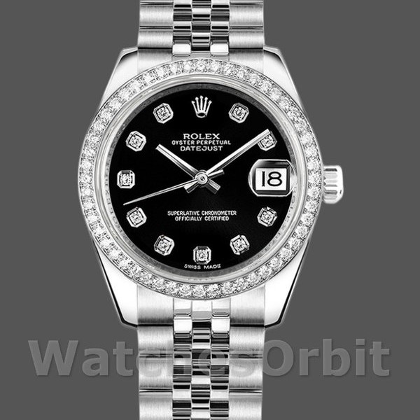 Womens Rolex Datejust 31mm Womens-178384-Black Diamond Dial-Diamond Bezel Black<br /> Replica Image
