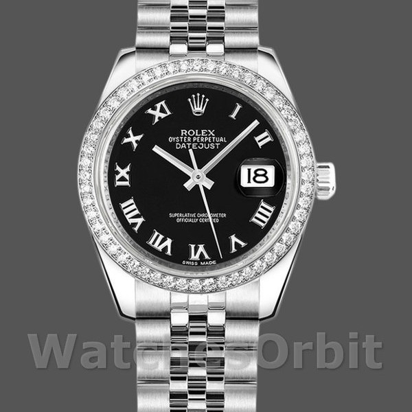 Womens Rolex Datejust 31mm Womens-178384-Black Roman Dial-Stainless Steel Black Replica Image