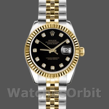 Women's Rolex Datejust-179173, 26mm, Black Diamond Dial, Fluted Bezel, Lady Black