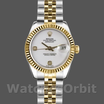 Women's Rolex Datejust-179173, 26mm, White Dial with Diamonds, Fluted Bezel, Lady White