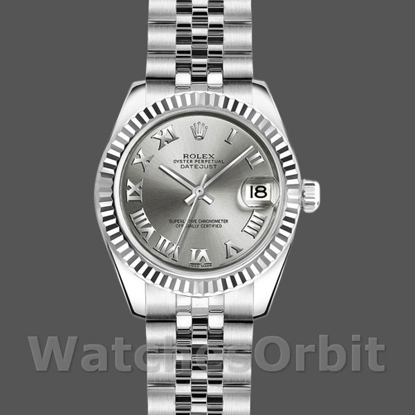 Womens Rolex Datejust-179174, 26mm, Rhodium Grey Dial, Fluted Bezel, Lady Rhodium Grey Replica Image