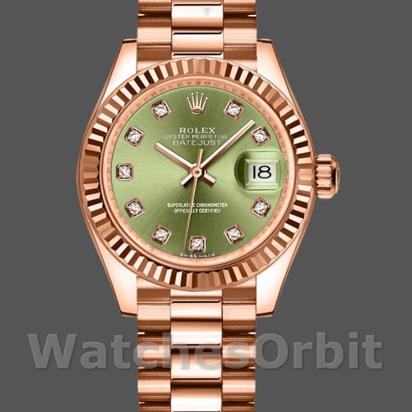 Womens Rolex Datejust-279175, 28mm, Olive Green, Diamonds Dial, Fluted Bezel, Lady Olive Green Replica Watch Image