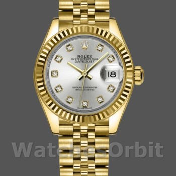 Women's Rolex Datejust 279178-28mm, Yellow Gold, Silver Diamond Dial, Lady Silver