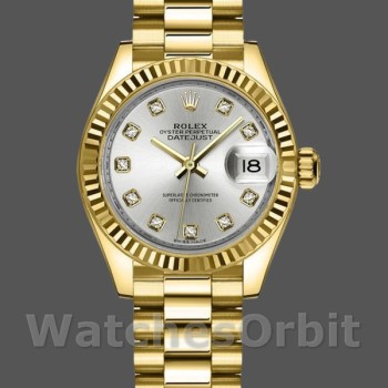 Women's Rolex Datejust-279178, 28mm, Yellow Gold, Silver Diamond Mark Dial, Fluted Bezel, Lady Silver