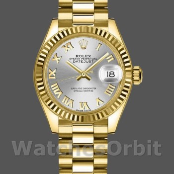 Women's Rolex Datejust-279178, 28mm, Yellow Gold, Silver Roman Dial, Fluted Bezel, Lady Silver