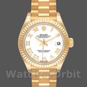 Women's Rolex Datejust-279178, 28mm, Yellow Gold, White Roman Dial, Fluted Bezel, Lady White