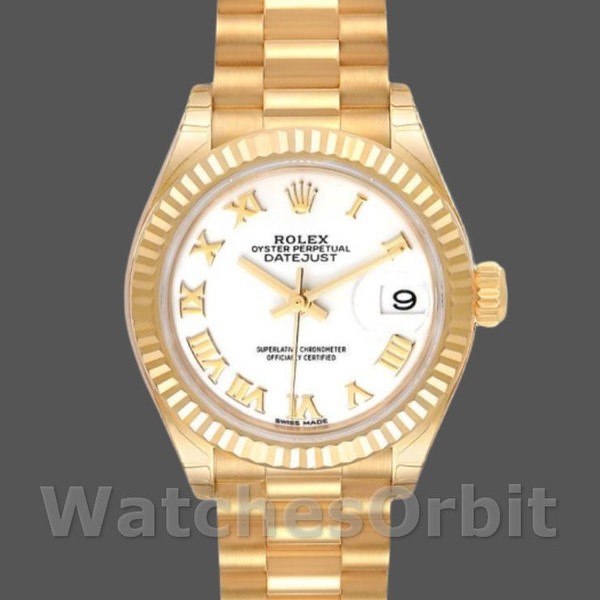 Womens Rolex Datejust-279178, 28mm, Yellow Gold, White Roman Dial, Fluted Bezel, Lady White Replica Watch Image