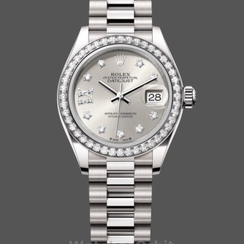 Women's Rolex Datejust 28mm White Gold Silver Diamond President Dial - 279139RBR 0003 Silver Dial
