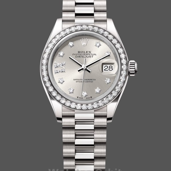 Womens Rolex Datejust 28mm White Gold Silver Diamond President Dial - 279139RBR 0003 Silver Dial Replica Watch Image