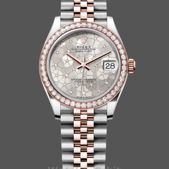 Women's Rolex Datejust 31-m278381rbr, Two-Tone, Silver Floral-Motif, Diamond Bezel, Women’s Silver Floral Motif Dial