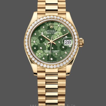 Women's Rolex Datejust 31-M278288RBR 0038, Yellow Gold, Olive Green, Floral Motif, Diamond Bezel Green Dial