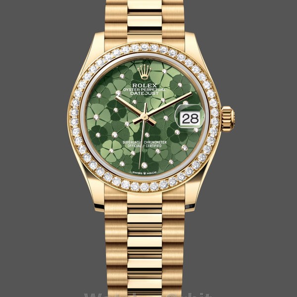 Womens Rolex Datejust 31-M278288RBR 0038, Yellow Gold, Olive Green, Floral Motif, Diamond Bezel Green Dial Replica Watch Image