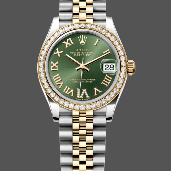 Womens Rolex Datejust 31-278383RBR 0016, 31mm, Stainless Steel & Yellow Gold, Green VI Roman Dial, Jubilee, Green Replica Watch Image