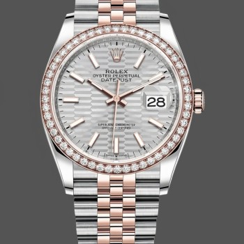 Unisex's Rolex Datejust 36MM Steel & Everose Gold Silver Fluted-Motif Dial Diamond Bezel M126281RBR Grey Dial