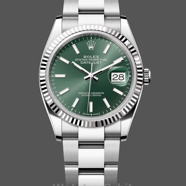 Womens Rolex Datejust 36-126234, White Gold, Fluted Bezel, Unisex Green Dial Replica Watch Image