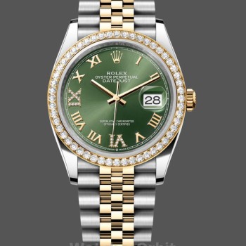 Women's Rolex Datejust 36-m126283rbr 0011, Yellow Gold & Diamonds, Olive Green Diamond Pave Roman Dial, Green Dial