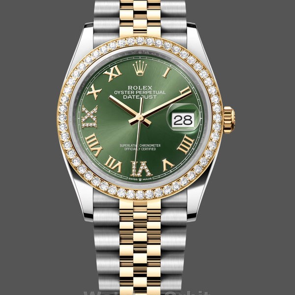 Womens Rolex Datejust 36-m126283rbr 0011, Yellow Gold & Diamonds, Olive Green Diamond Pave Roman Dial, Green Dial Replica Watch Image