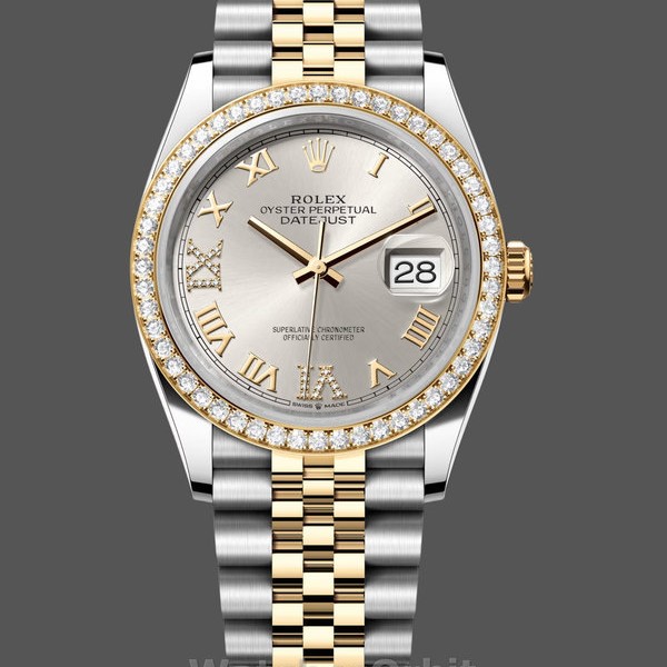 Womens Rolex Datejust 36-m126283rbr 0017, Yellow Gold & Diamonds, Silver Diamond Pave Roman Dial, Silver Dial Replica Watch Image