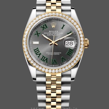 Women's Rolex Datejust 36-m126283rbr 0021, Yellow Gold & Diamonds, Slate Wimbledon Roman Dial, Grey Dial