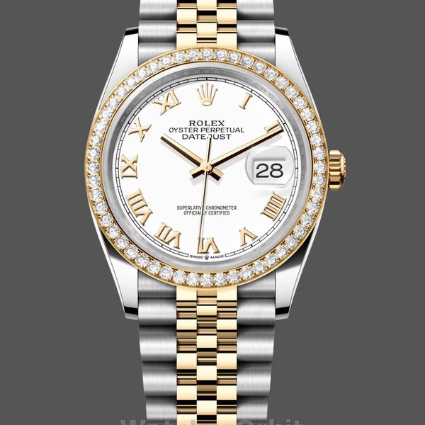 Womens Rolex Datejust 36-M126283RBR 0015, Yellow Gold & Diamonds, White Roman Dial, Women’s White Dial Replica Watch Image