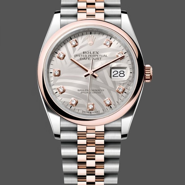 Womens Rolex Datejust 36mm Silver Palm Motif Dial Oyster Bracelet - 126201 0038 Silver Palm Motif Set With Diamonds Replica Watch Image