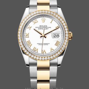 Women's Rolex Datejust 36-m126283RBR, Stainless Steel & Yellow Gold, White Roman Oyster White Dial