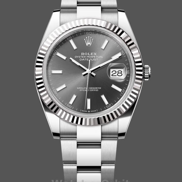 Mens Rolex Datejust 41-M126334, White Gold, Fluted Bezel, Slate Dial, Oyster, Men’s Grey Dial Replica Watch Image