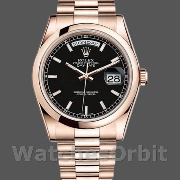 Mens Rolex Day-Date 36mm Unisex-118205-Black Dial Black Replica Image