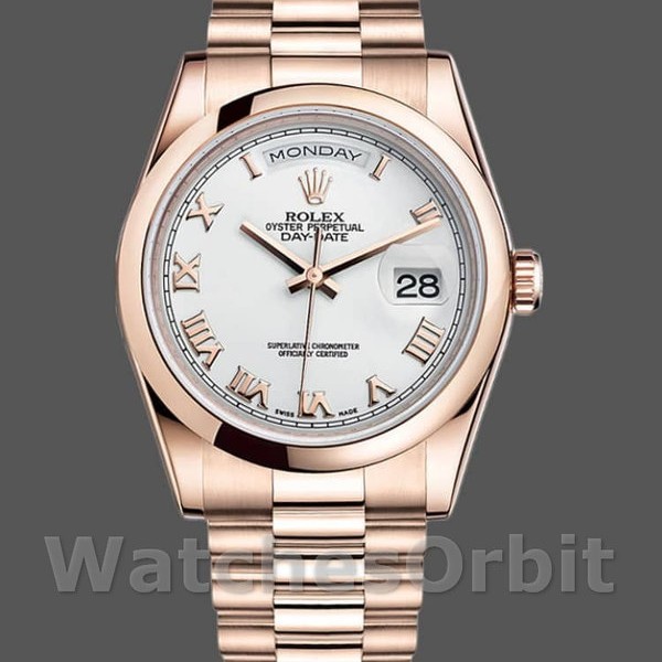 Unisexs Rolex Day-Date 36mm Unisex-118205-Everose Gold-White Dial White Replica Image