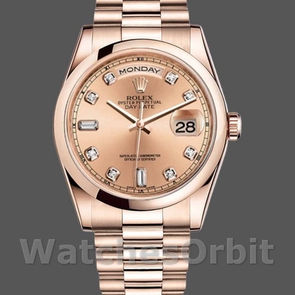 Unisexs Rolex Day-Date 36mm Unisex-118205-Rose Gold-Champagne Diamond Dial Champagne Replica Image