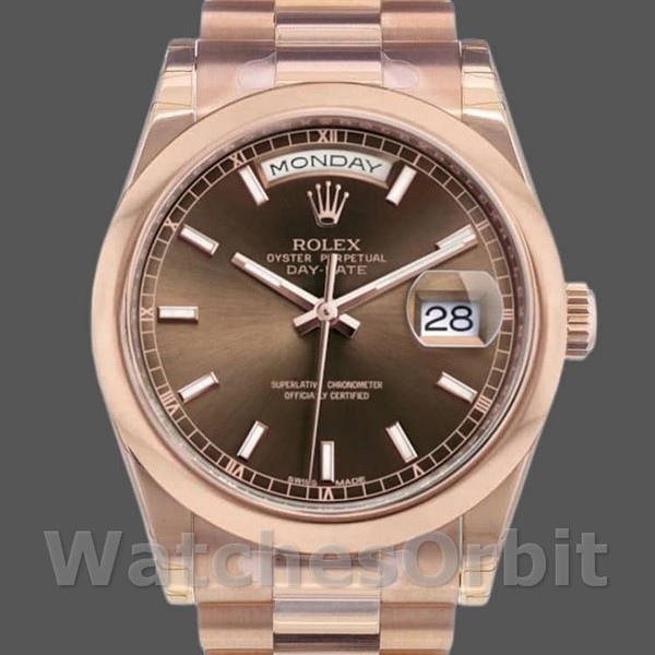 Unisexs Rolex Day-Date 36mm Unisex-118205-Rose Gold-Chocolate Dial Chocolate Replica Image
