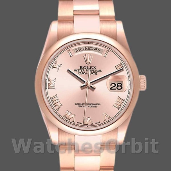 Unisexs Rolex Day-Date 36mm Unisex-118205-Rose Gold-Pink Dial Pink Replica Image