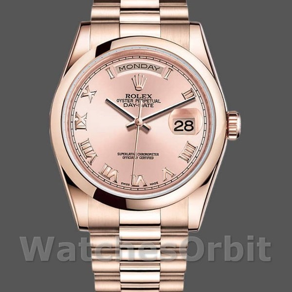 Unisexs Rolex Day-Date 36mm Unisex-118205-Rose Gold-Pink Dial-Automatic Pink Replica Image