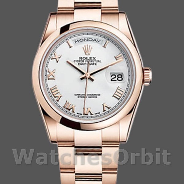 Unisexs Rolex Day-Date 36mm Unisex-118205-White Roman Numeral Dial White Replica Image