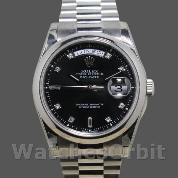 Unisexs Rolex Day-Date 36mm Unisex-118206-Black Diamond Dial Black Replica Image
