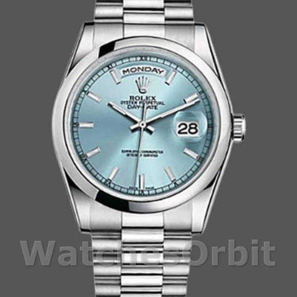 Unisexs Rolex Day-Date 36mm Unisex-118206-Ice Blue Dial-Polished Platinum Bezel Ice Blue Replica Image