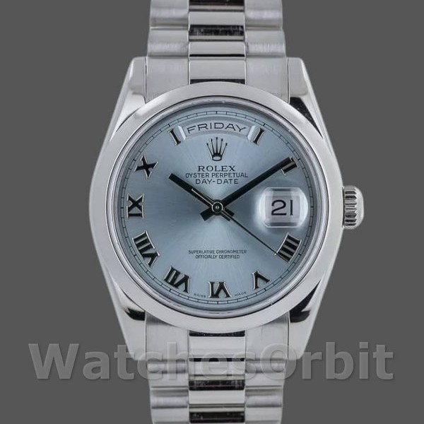 Unisexs Rolex Day-Date 36mm Unisex-118206-Platinum-Ice Blue Dial Ice Blue Replica Image