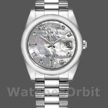 Unisex's Rolex Day-Date 36mm Unisex-118206-Platinum-White Mother of Pearl-Diamond Dial MOP