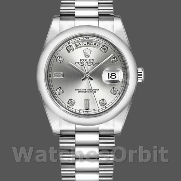 Unisexs Rolex Day-Date 36mm Unisex-118206-Silver Diamond Dial-Platinum Silver Replica Image