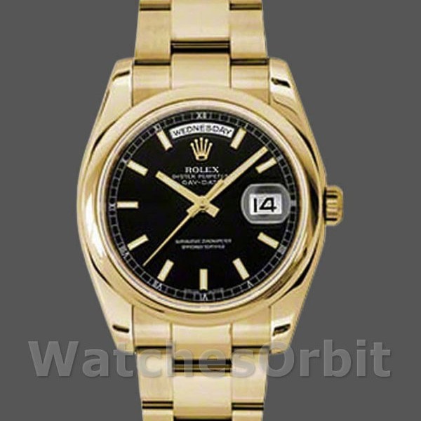 Unisexs Rolex Day-Date 36mm Unisex-118208-Black Arab Dial-Yellow Gold Black Replica Image