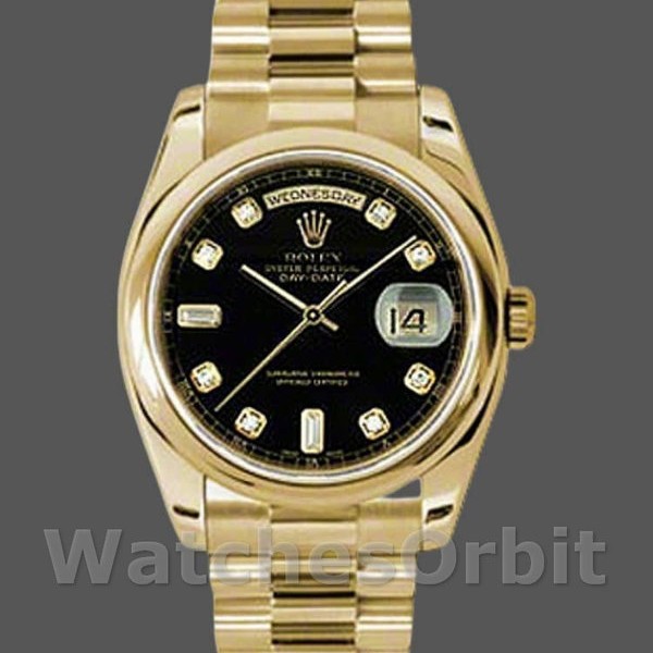 Unisexs Rolex Day-Date 36mm Unisex-118208-Black Diamond Dial Black Replica Image
