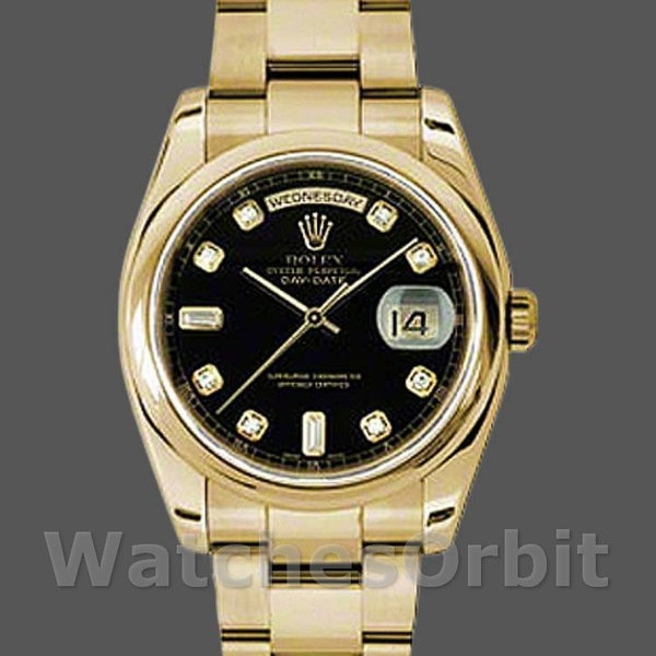 Unisexs Rolex Day-Date 36mm Unisex-118208-Black Diamond Dial-Yellow Gold Black Replica Image