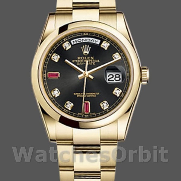 Unisexs Rolex Day-Date 36mm Unisex-118208-Black Diamond Dial-Yellow Gold Case Black Replica Image