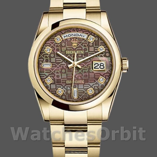 Unisexs Rolex Day-Date 36mm Unisex-118208-Black Mother of Pearl-Diamond Dial MOP Replica Image